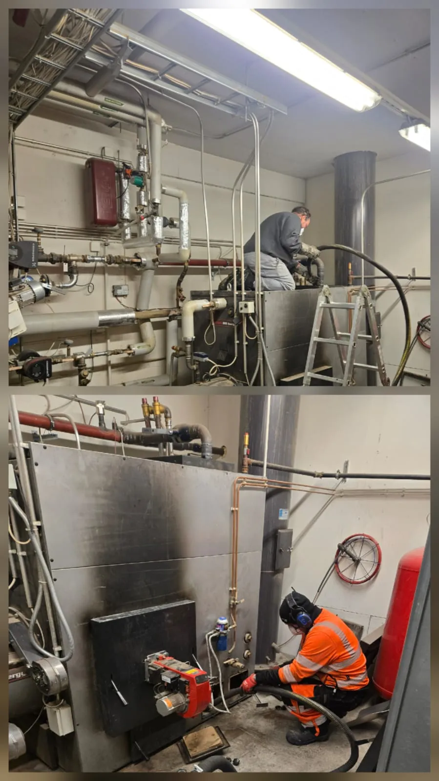 Kaksi kuvaa näyttävät huoltotöitä lämmityskattilahuoneessa, joissa näkyy putkistoja, laitteita ja työntekijöitä suorittamassa huoltoa.